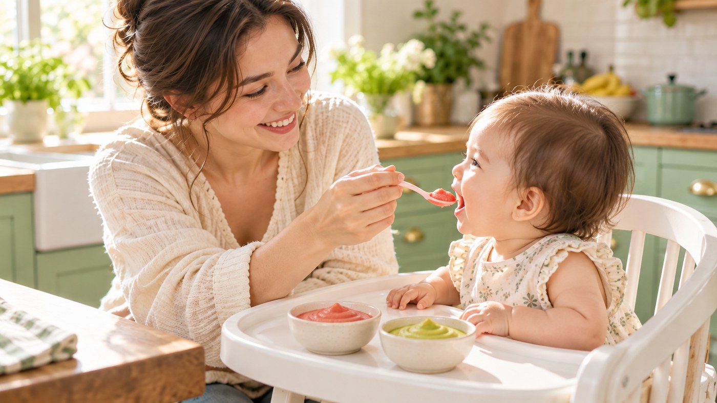A smiling mother spoon-feeds mashed strawberry to her baby in a high chair, with small bowls of strawberry and avocado puree on the tray