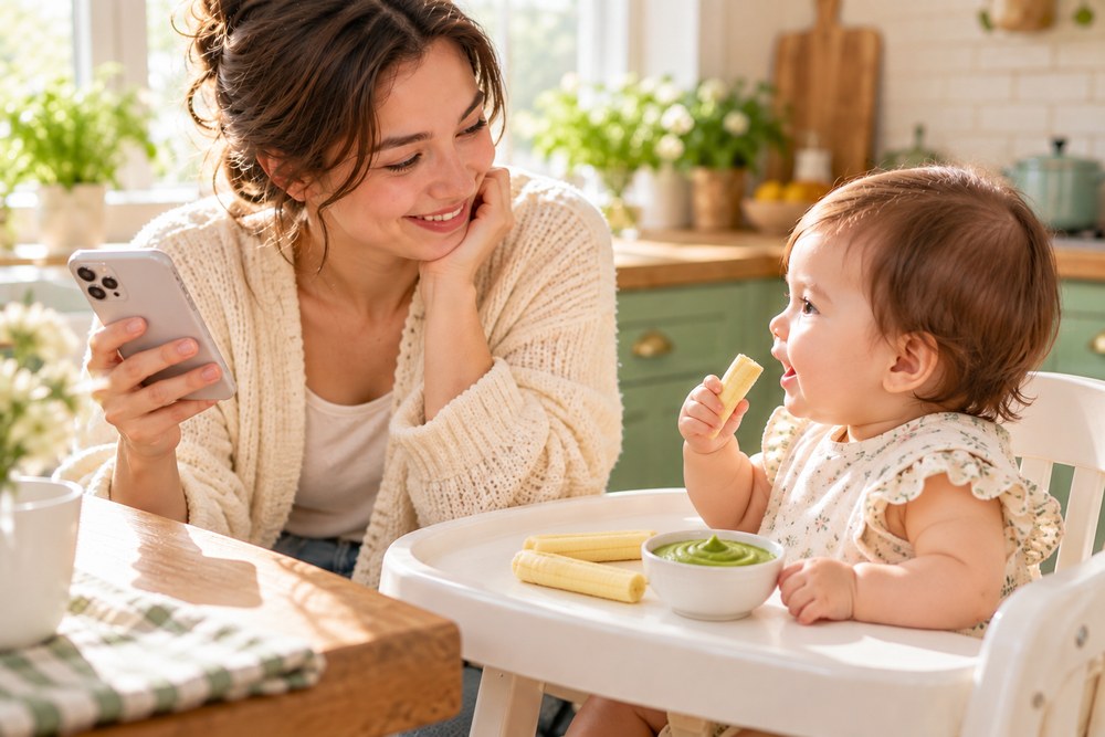 A mother holds her phone and smiles at her baby, who holds a banana finger stick in a high chair next to a bowl of mashed broccoli