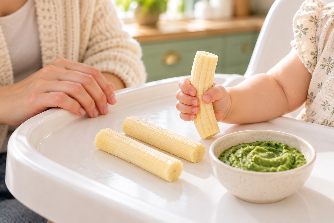 A baby holds a soft banana finger stick next to two more sticks and a small bowl of mashed broccoli, while a parent's hand rests on the high chair tray